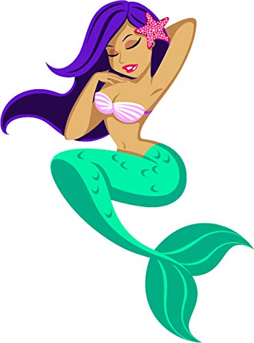 Pretty Sexy Colorful Teenage Mermaid Cartoon Art Vinyl Sticker (4" Tall, Purple Hair Teal Tail Mermaid)