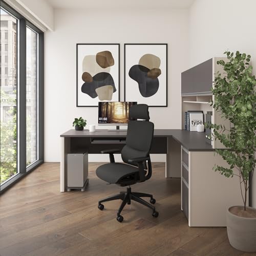 Image of Bestar Connexion L Shaped Desk with Hutch and Pedestal in Slate and Sandstone, 72W | Large Corner Table for Home Office Workspace or Personal Work Area