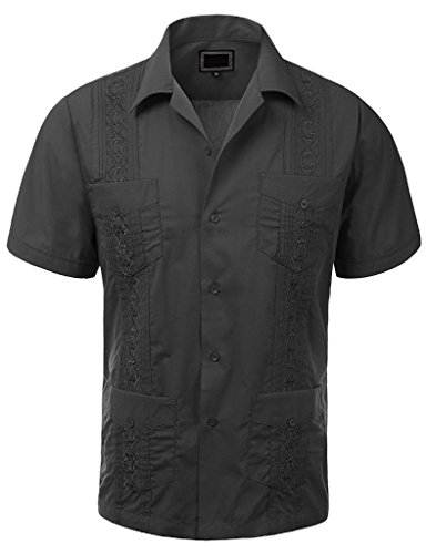 vkwear Guayabera Men's Cuban Beach Wedding Short Sleeve Button-up Casual Dress Shirt (X-Large, Dark Gray)
