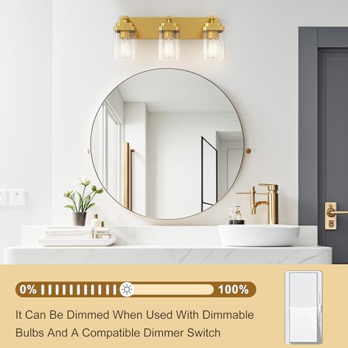 Image of Brushed Gold Bathroom Light Fixtures, 3 Lights Bathroom Lighting Fixtures Over Mirror, Square Design & Rectangle Large Backplate, Modern Vanity Lighting Fixtures, for Living Room /Bedroom