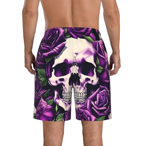 Many Purple Rose Skull Men's Flower Print Beach Shorts,Mens Swim Trunks Quick Dry Beach Shorts,Hot Summer Swim Trunks3