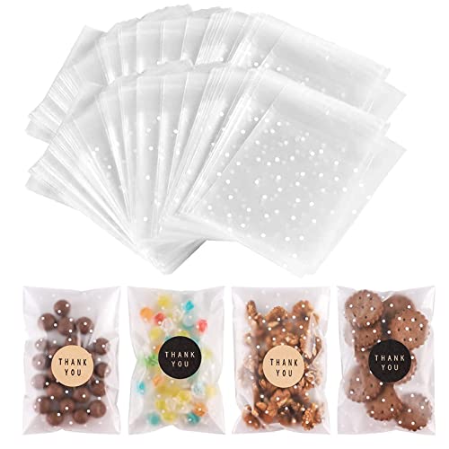 NPLUX 200PACK Self Sealing Cellophane Bags Cookie Bags for Gift Giving Clear Treat Bags with Stickers(White Polka Dot,4X6INCH)