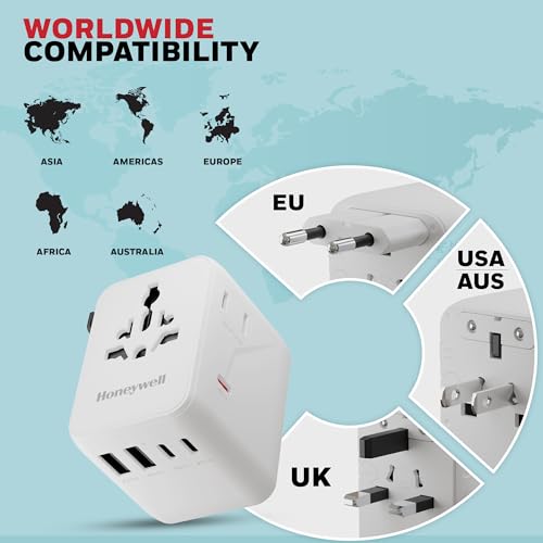 Image of Honeywell Universal Travel Adapter 70W, 7 in 1 Fast Charging, QC3.0 /PD, Universal & US Socket, 3 Type C, 2 USB A, Overload & overvoltage Protection, International Adapter for EU, US, UK & CN /AUS