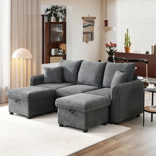 Seyakany - Sofá esquinero multifuncional con 3 plazas en L con almacenamiento (2 cajones + banco de almacenamiento), sofá modulable desmontable con función de dormir, cojín chenille, gris oscuro