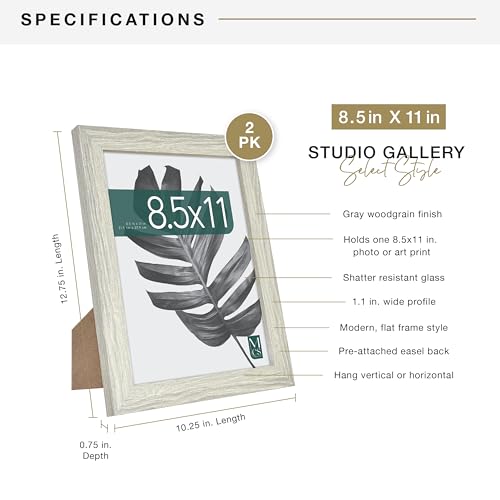 MCS Studio Gallery 8.5x11 Picture Frame Gray Woodgrain, Rectangle Photo Frame for Photos, Posters & Art Prints & Easel for Tapletop Display (2-Pack)