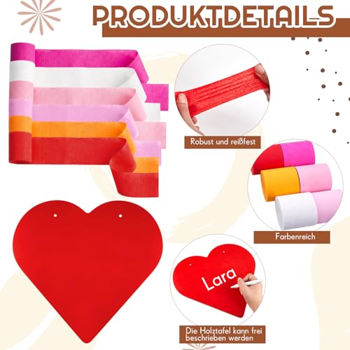 Tenare 9er Set Maibaum Deko inklusive 60 m 6 Farbe Bunt Krepppapierbänder Groß Rot HolzHerz Marker und 1 m Hanfseil für Maibaum Bänder Feier Hochzeit DIY Geschenk(Rottöne)