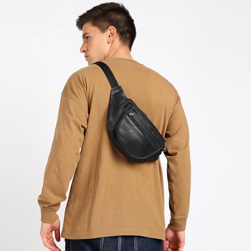Leatherboss Genuine Leather Designer Travel Fanny Pack Holder Bag with Waist Belt, Black - Thumbnail 5