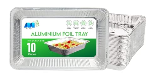 M4 MART 10 Pcs Foil Trays, Disposable Aluminum Tin Foil Trays, 31 x 21 x 4.5 cm – Large Foil Trays for Baking, Cooking and Storing, Takeaway Containers (Silver)