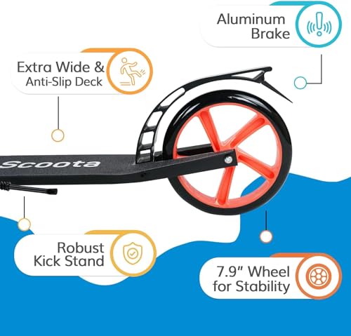 Image of LaScoota Kick Scooter for Kids Ages 6+, Teens & Adults, Large 8 inch Sturdy Urethane Wheels. Adjustable Handlebar, Lightweight, Foldable, 220lbs Max Load