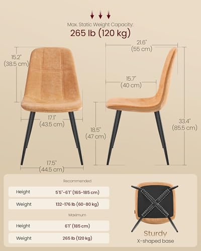 Image of VASAGLE Dining Chairs, Set of 2 Dining Room Chairs, Metal Frame, Adjustable Feet, Easy to Clean, Glacier-Textured Synthetic Leather, for Kitchen, Caramel Brown UKDC187K01