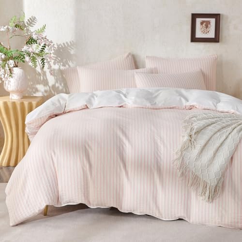 BUPIRD Duvet Cover Set Queen Striped Pink, 100% Washed Cotton Jacquard 3 Pieces Queen Striped Bedding Sets, with Zipper Closure & Corner Ties, Lightweight Soft Comfort Breathable (No Comforter)
