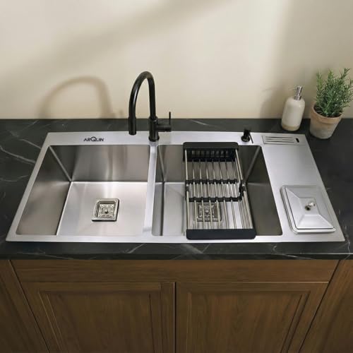 Image of ARQUIN Double Bowl Kitchen Sink with Dustbin 45x20x10 Inch Handmade Premimum Stainless Steel Sink Matt Finish Couplings, Waste Pipe & Vegetable Washing Basket
