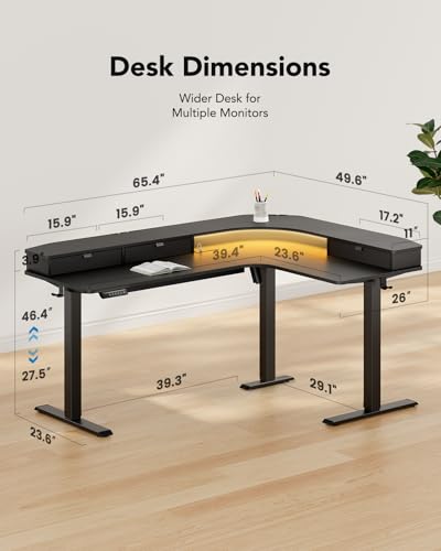 Image of HUANUO 65″ L-Shaped Standing Desk with Power Outlets & LED Strip, Electric Height Adjustable Corner Computer Desk, Sit Stand Up Desk with 3 Drawers, Black