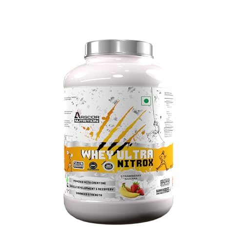 Image of Whey Ultra Nitrox | 24g Whey Protein + 2g Creatine Monohydrate | Lean Muscle, Strength & Recovery | No Sugar, Low Fat | Post Workout Protein Supplement (2 kg, Strawberry Banana)