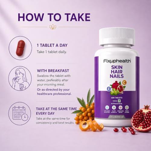Image of Fixuphealth Hair Skin Nails Supplement | Biotin Tablets for Hair Growth with Glutathione, Vitamin B12 & Pomegranate Extract | Hair Vitamins for Men & Women | Healthy Hair, Skin & Nails | 60 Tablets
