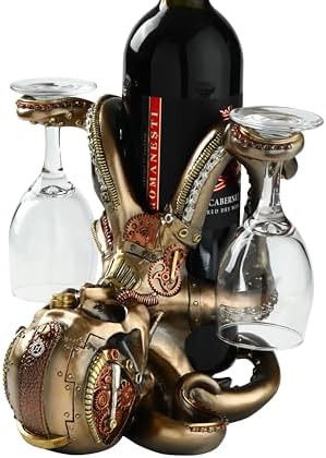 TRABEATOGA Octopus Resin Skull Wine Bottle Holder with 2 Wine Glass Holders The Call of Cthulhu Statue Stand Bar Home Desktop Decor Kitchen Storage Man Cave
