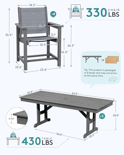 Image of SERWALL 9 Piece 84 inch HDPE Outdoor Dining Set for 8 with Textilene Chairs and Umbrella Hole, Gray /Light Gray
