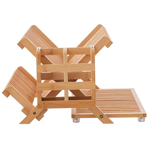 HBlife Bamboo Dish Drying Rack with Utensil Holder, 3-Tier Large Collapsible Wooden Dish Drainer Rack, Folding Drying Holder Dish Drainer for Kitchen Counter
