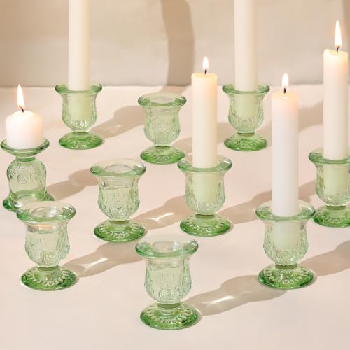 sunnyfuture 10pcs Green Candlestick Holders, Glass Taper Candle Holders for