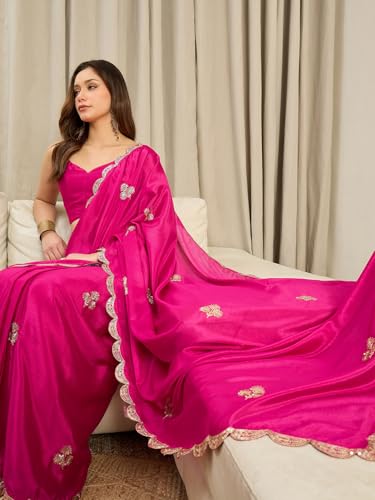 Image of AKHILAM Women's Shimmer Pure Georgette Embroidered Ready To Wear one Minute Saree With Unstitched Blouse Piece