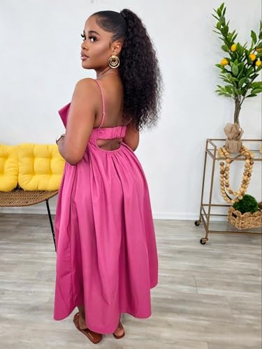 Image of YUEWOO Midi Dresses for Women Casual Summer Sundresses Vacation Outfits Spaghetti Strap Smocked Women Maxi Dress with Pockets