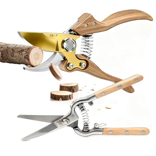 2 Pack Garden Pruning Shears, Heavy Duty Garden Scissors & Clippers For Wood & Tree Trimming, Garden Tools, Safety Lock, Wood Grain Tool, For Cutting Flowers, Trimming Plants, Picking Fruits (Gold)