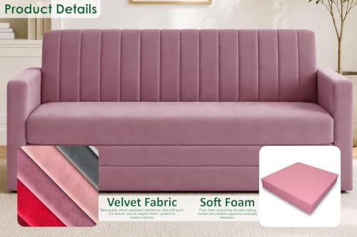 Image of Armrest Modern Three Seater Sofa Cum Bed Velvet Fabric Couch for Living Room, Space Saving Foldable Sleeper Sofa, (Rose Pink-Color)