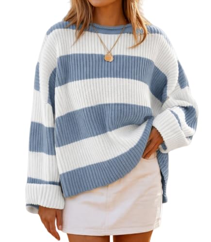 Image of Simier Fariry Womens Fall Oversized Pullover Sweater Long Sleeve Comfy Knitwear Retro Stripe Casual Outfit