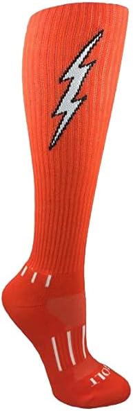 MOXY Socks Insane Bolt Youth Soccer Socks – Orange Knee High Sports Socks with White Lightning Bolt for Kids - Durable, Comfortable Athletic Socks for Boys & Girls