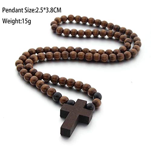 COLORFUL BLING Classic Natural Wood Beads Cross Pendant Necklace for Men Women Religious Rosary Jewelry Handmade Prayer Accessories (set dark) - Thumbnail 3