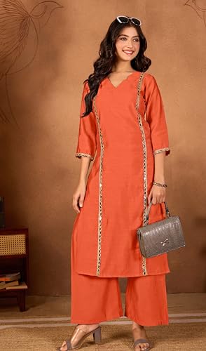 Image of Women Straight-Cut Kurta Pant Set with Subtle Golden Lace Embellishment | Elegant Ethnic Wear for Festive, Office & Casual Use