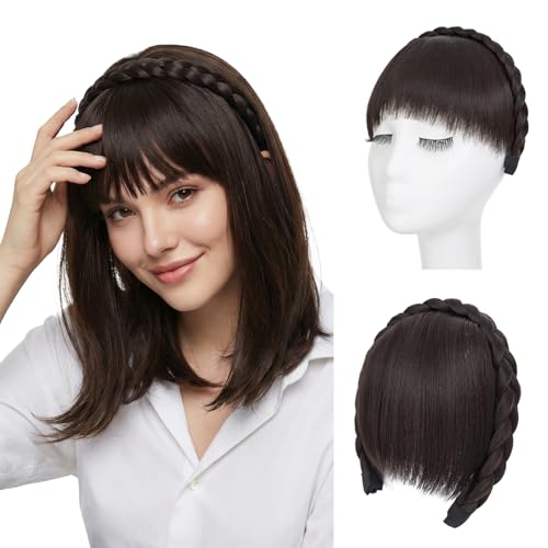 MY-LADY Postiche pour Femme Bandeau avec Frange Bandeau serre-tête Tressé Extensions de Cheveux Synthétiques Frangia Headband Clip in Fringe, 20cm Noir...