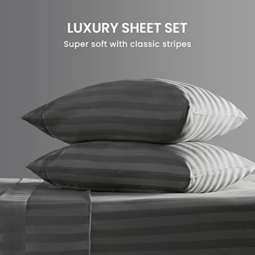 SLEEP ZONE Striped Cooling Sheets Set Full Size - Fitted Flat Sheet & Pillowcase Sets 4 Piece - Super Soft Stripe Bed Sheet, Easy Care, Deep Pocket (Gray, Full)