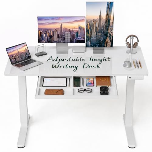 CubiCubi 48x24 Standing Desk with Glass Top Height Adjustable Computer Desk with Drawer One-piece Rising Home Office Desks with Positon Memory Sit Stand Up Electric Workstation Table White