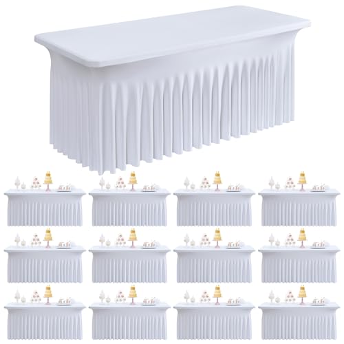 Image of Outpain White Spandex Table Clothes for 6 Foot Rectangle Tables-12Pack 6FT Spandex Fitted Table Cover, Wrinkle Free Tablecloths with Skirt for Parties, Wedding, Birthday, Banquet, Festival