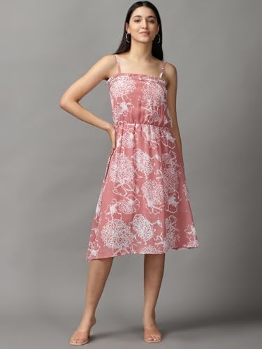 Image of SHOWOFFFF Women Floral Fit and Flare Casual Dress | Shoulder Straps Sleeveless Georgette Dress for Womens | Knee Length Dress for Women's