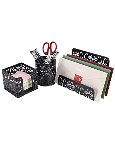 Easypag Cute Office Supplies 3 Piece Desk Organizer And Accessories Set - Letter Sorter, Pen Holder,Sticky Notes Holder,Black #TOP9