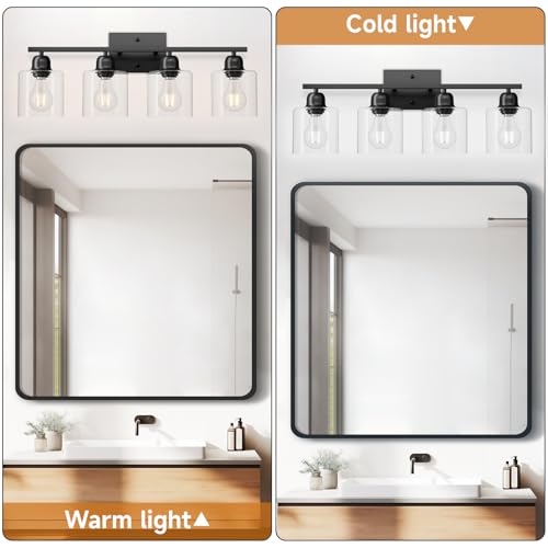 Image of Modern 4 Light Bathroom Light Fixtures, 24 inch Black Vanity Lights for Bathroom with Clear Glass, Bathroom Vanity Light for Mirror Kitchen Living Room Hallway Cabinet Porch