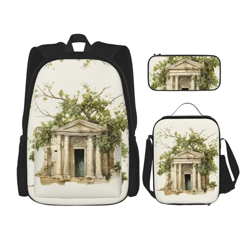 MDATT Mochilas de estudio con diseño de rama de olivo romano, con fiambrera, estuche de lona, bolsa de viaje para estudiantes de primaria, Black, Talla única, Juego de mochila escolar
