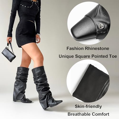 Women's Knee High Boots Fold Over Pointed Toe Stiletto Heel Tall Boots Kitten Heel Dress Long Boots for Women2