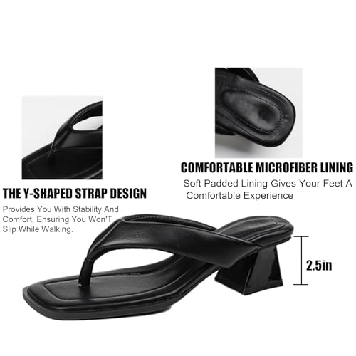 Women's Leather Low Block Heel Square Toe Flip Flops Comfort Open Toe Slip On Chunky Heel Clip Toe Sandals Summer Casual Party Beach Slides2