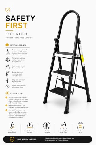 Image of KITCHIVO 3 Step Foldable Ladder with Safety Handrail, Wide Anti-Slip Steps & Non-Slip Feet, Heavy Duty Steel Step Ladder for Home, Kitchen & Office