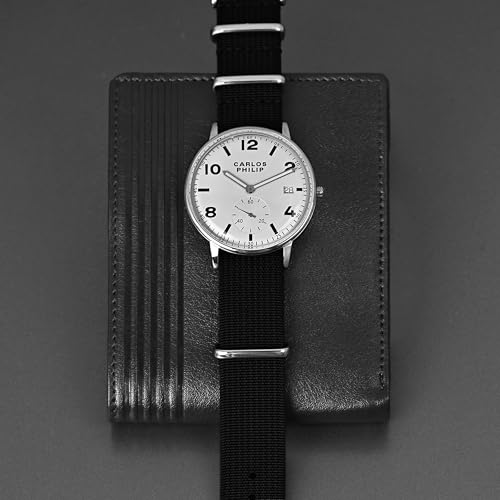 Image of Carlos Philip Men's Minimalist Analog Watch - Classic Dial with Date Display, Nylon Strap, Quartz Movement, Casual Everyday Style Watch for Men