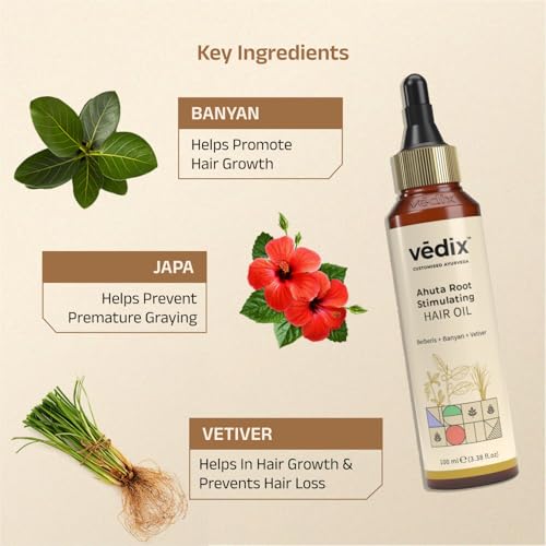 Image of Vedix Ahuta Root Stimulating Ayurvedic Hair Oil | Hair Growth Oil With Berberis + Banyan + Vetiver - Customized Anti Hair Fall Control - 100ml