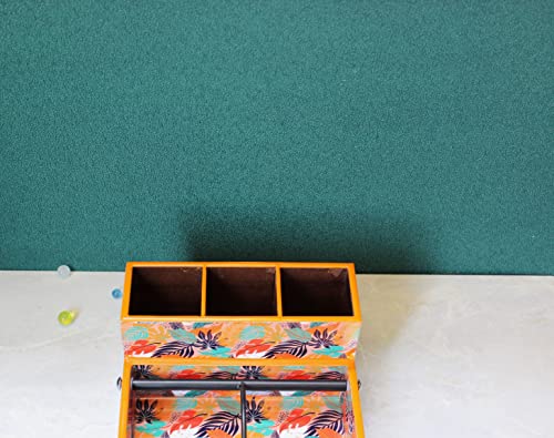 Image of Monstera Hut Tangerine Twist 4 Compartment Modern MDF Wooden Cutlery Holder Spoon, Knife, Fork, Caddy Self Organizer Home Kitchen Dining Cum Cutlery Holder(10x7.5x4 Inches) | 25x19x10cm