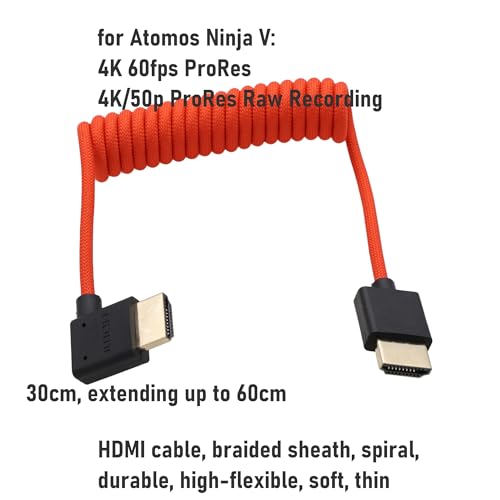 HangTon Kabel HDMI 8K 4K 60fps High Speed do monitora ATOMOS Ninja V Shinobi, Sony A9 FX3 A7Siii, Canon R5ii, BMPCC6K, Teradek FEELWORLD Portkeys SmallHD, czerwony pleciony zwijany, w kształcie litery