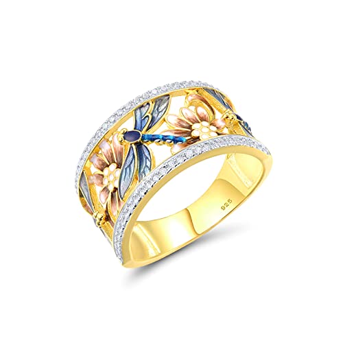 Santuzza 925 Sterling Silver Dragonfly Openwork Ring Cubic Zirconia Enamel Flower Ring 14K Gold Plated Vintage Jewelry (7)