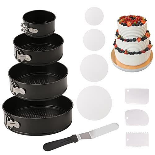 LIFVCNT 4er Set Antihaft Springform Set Käsekuchenform, Backform Kuchenbackform Rund mit Abnehmbarem Boden, Backen Kuchenform Rund Set Inklusive Pergamentpapier, Zuckergussspatel, Zuckergussglätter Cover