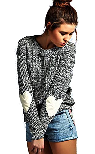 shermie Women's Cute Heart Pattern Elbow Patchwork Casual Long Sleeve Round Neck Knits Sweater Pullover (Large, A-Thin Gray)