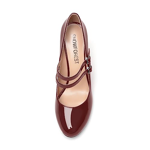 SHOWFOREST Womens Business Sexy Round Toe Patent Slip On Adjustable Strap Block High Heel Pumps Shoes 4 Inch3